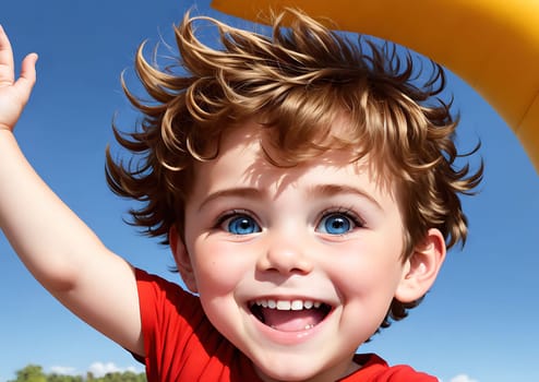 The image shows a young boy standing in front of a yellow slide with his arms outstretched, smiling at the camera.