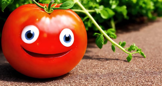 The image is a red tomato with a smiling face on it, sitting on the ground next to a plant with green leaves.
