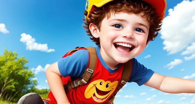 The image shows a young boy wearing a red shirt and carrying a backpack, smiling and looking up at the sky.