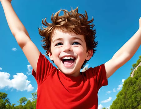 The image shows a young boy with his arms raised in the air, smiling and looking up at the sky.