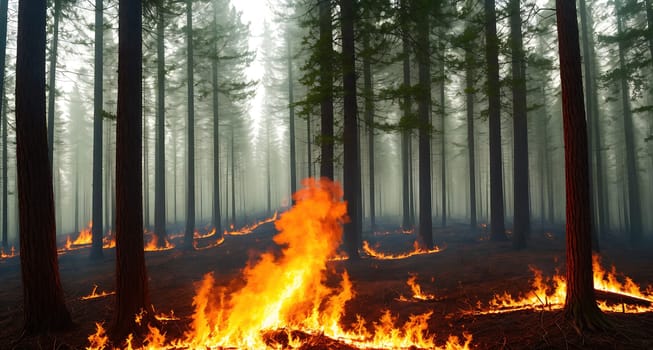The image shows a forest with flames burning in the middle of the trees.