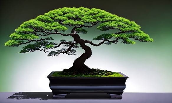 The image shows a small Japanese bonsai tree growing in a black pot on a wooden table.