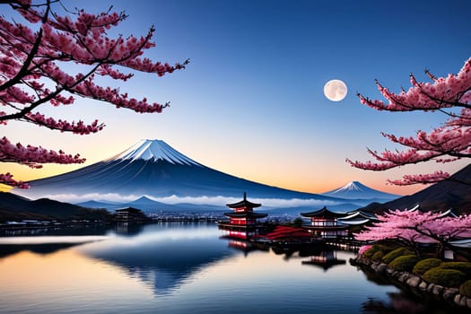 Japanese pagoda set against iconic Mount Fuji, capturing essence of traditional Japanese landscape, architecture. For art, creative projects, fashion, style, advertising campaigns, web design, print