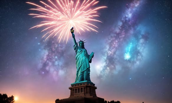 The image is a statue of the Statue of Liberty in the foreground, with fireworks exploding in the background.