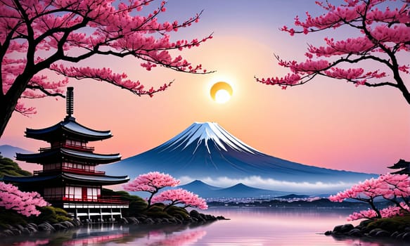 Serene landscape with mountain, pagoda in background. For meditation apps, on covers of books about spiritual growth, in designs for yoga studios, spa salons, illustration for articles on inner peace