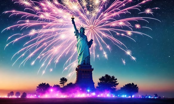 The image shows the Statue of Liberty with fireworks exploding in the background.