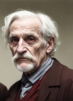 The image depicts an older man with a white beard and mustache, wearing a brown suit and tie, standing next to a younger man with a black beard and mustache, wearing a blue shirt and tie.