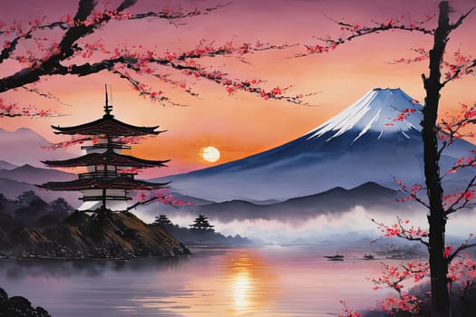 Serene landscape with mountain, pagoda in background. For meditation apps, on covers of books about spiritual growth, in designs for yoga studios, spa salons, illustration for articles on inner peace