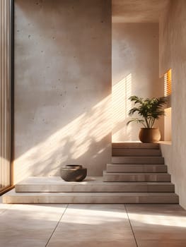 A staircase made of hardwood with a potted plant on each step, leading to a window in the building, adding a touch of nature to the interior