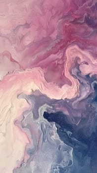 A close up of a painting featuring water waves in pink, purple, and blue hues, with cumulus clouds and an astronomical pattern in electric blue and magenta