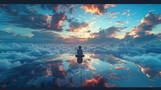 A person sitting on top of a platform in the clouds