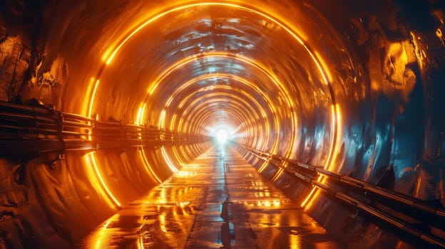 A long tunnel with bright lights in it and a light on the end