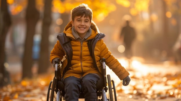 A young boy in a wheelchair smiling at the camera