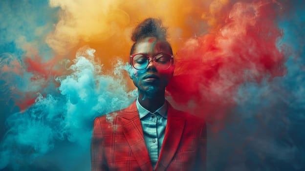 A woman in a red jacket with smoke coming out of her head