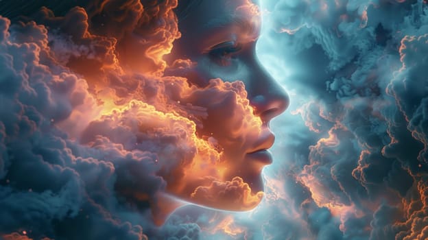 A woman's face is shown in a cloud of smoke