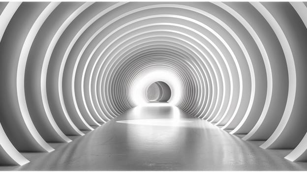 A long tunnel with white walls and a light at the end