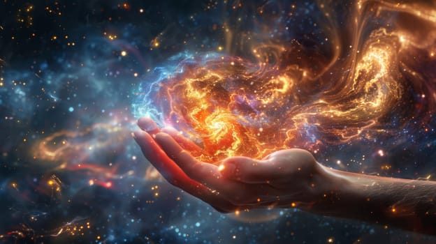 A hand holding a glowing orb of energy in space