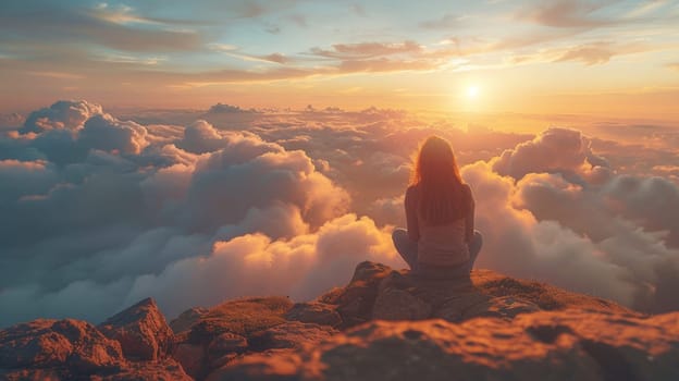 A woman sitting on top of a mountain looking at the clouds