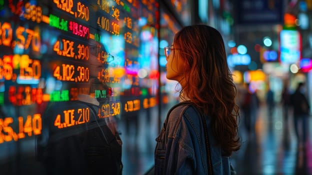 A woman looking at a wall of stock prices on the screen