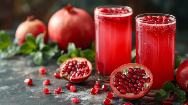 Two glasses of red liquid with pomegranate seeds and leaves