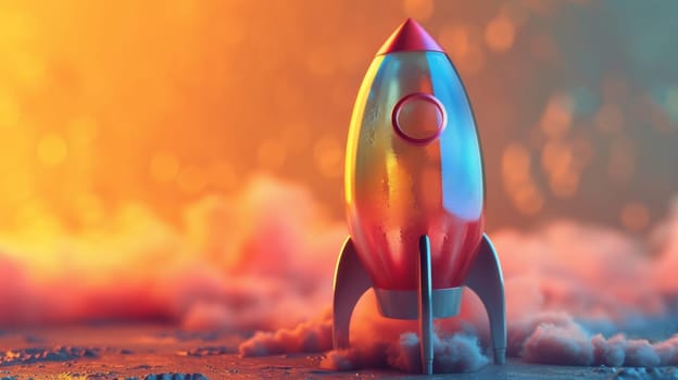 A colorful rocket ship is sitting on top of a cloud