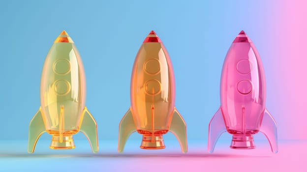 Three colorful plastic rockets are displayed on a pink and blue background