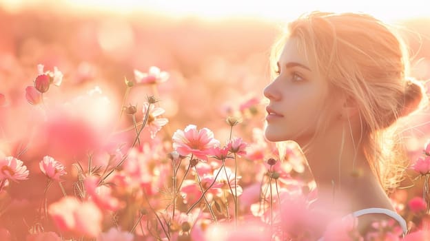 A woman in a field of flowers with her eyes closed