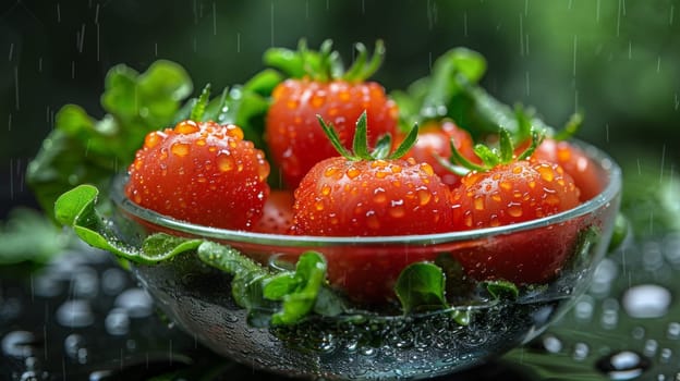 A bowl of strawberries with water droplets on them in a glass
