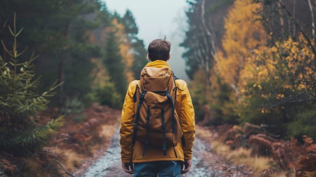 A man in yellow jacket walking down a dirt road