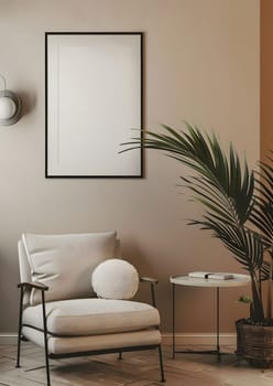 A cozy living room with a wooden chair, table, plant, and picture on the wall. The interior design exudes comfort and style, creating a welcoming space in the building