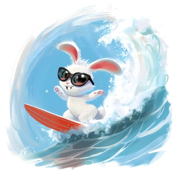 A cartoon bunny, wearing sunglasses and looking happy, is riding a wave on a surfboard. The liquid water is painted beautifully in this carnivore illustration