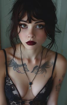 A woman with layered black hair has a tattoo on her chest, wearing a black lingerie top and a necklace, showcasing her feminine allure