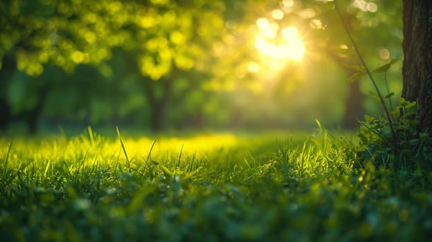 A serene dawn breaks as warm sunlight filters through the vibrant green leaves of a lush garden, heralding a new day - springtime background - Generative AI