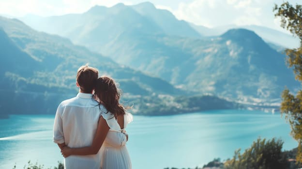 A couple stands close, holding each other, as they look out over a tranquil lake with majestic mountains in the distance, under a clear sky - Generative AI