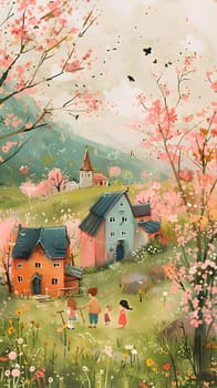 An art piece depicting a village with houses and trees set in a natural landscape, capturing the beauty of the ecoregion with colorful paint strokes