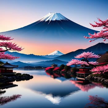 Japanese landscape adorned with vibrant cherry blossoms in full bloom, symbolizing beauty, transience of nature. For art, style, advertising campaigns, blogs, social media, web design, print, magazine