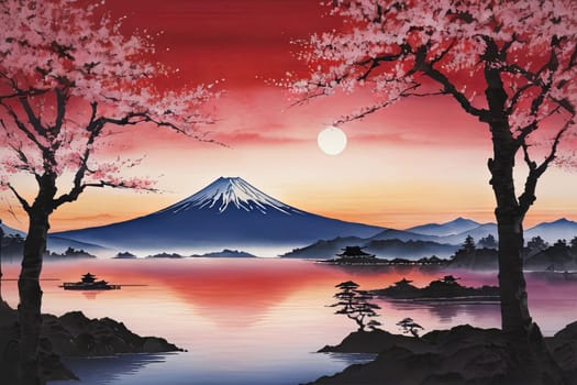 Mount Fuji range with red tree in foreground. For meditation apps, on covers of books about spiritual growth, in designs for yoga studios, spa salons, illustration for articles on inner peace, print