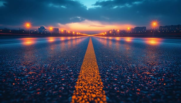 The perspective of the road against the background of sunset and the cityscape. High quality photo