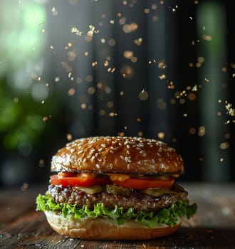 Yummy Burger with Dynamic Particles on Background. Fast Food Advertising Concept. Ai generated