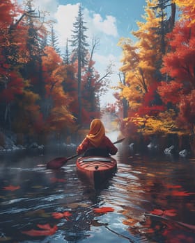 A woman is paddling a kayak down a serene river surrounded by lush trees under a cloudy sky, enjoying the natural landscape and peaceful watercraft experience