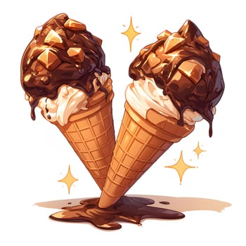 Two ice cream cones, covered in delicious chocolate and caramel, stacked on top of each other. A tempting treat for any dessert lover