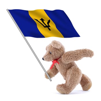 A Barbados flag being carried by a cute teddy bear