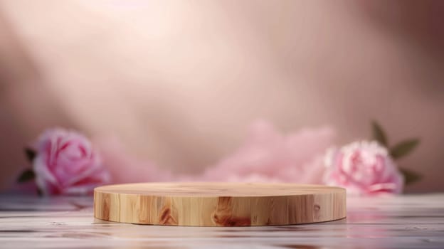 3D Advertising Wooden Empty Podium with Pink Floral Bcakground. Tender Pastel Product Presentation Mockup Template. Ai generated
