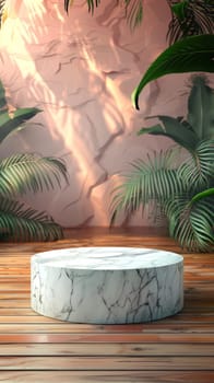 3D Advertising Marble Empty Podium with Natural Background. Tender Pastel Product Presentation Mockup Template. Ai generated