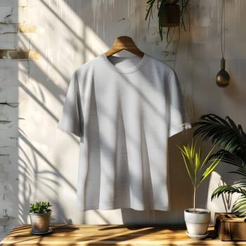 A white tshirt is displayed on a wooden hanger on a wooden table, surrounded by a plant in a flowerpot. The tshirts sleeve hangs elegantly next to the houseplant