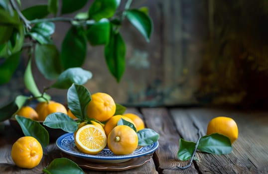 Blue Bowl With Fresh Japanese Yuzu Friuts and Green Leaves on Wooden Table, Background, Copy Space for Text. Horizontal. Citrus Exotic Fruit, Plant in Family Rutaceae. Ai Generated Food, Harvesting.