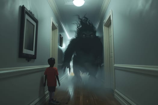 Child nightmare, A child standing near a scary monster in hallway, Generative AI.