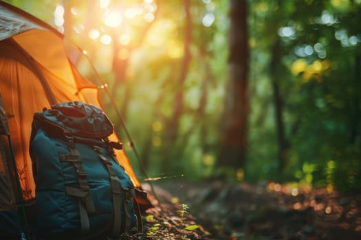 Camping background with blurred forest background and tent, Generative AI.