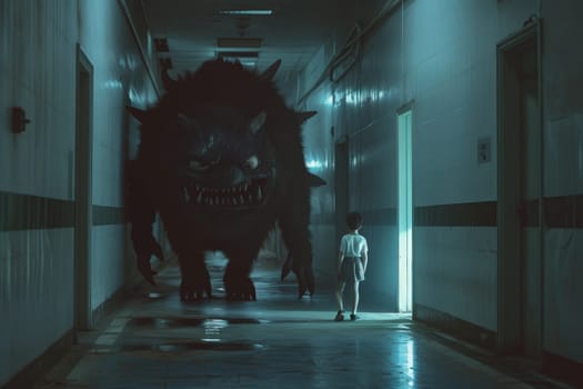 Child nightmare, A child standing near a scary monster in hallway, Generative AI.