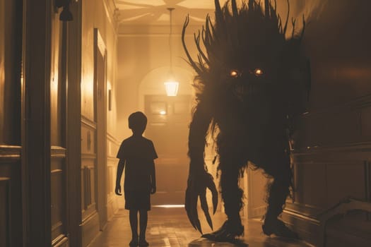 Child nightmare, A child standing near a scary monster in hallway, Generative AI.